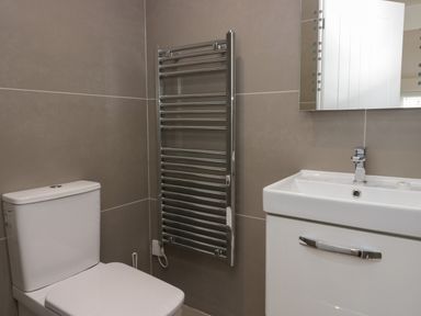 A bathroom with a toilet, a sink with a cabinet, mirror, and a chrome towel radiator at Edgemere Retreat in Cartmel