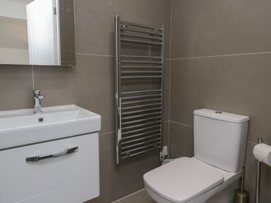 A bathroom with a white sink and cabinet a wall-mounted mirror a white toilet a vertical chrome towel radiator and a toilet paper holder at Edgemere Retreat in Cartmel