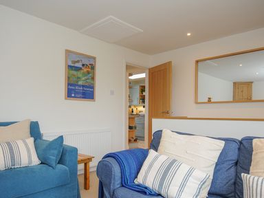A living room with blue sofas cushions a wooden door and a mirror at Seamay Polzeath