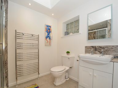 A bathroom with a toilet sink mirror glass block window and towel warmer at Seamay Polzeath