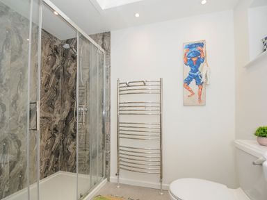 A bathroom with a glass shower enclosure a towel radiator a toilet and a painting on the wall at Seamay in Polzeath