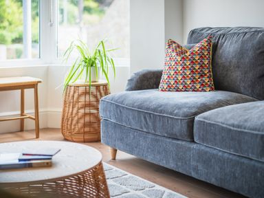 A grey sofa with a colorful pillow next to a woven side table with a green plant in a bright room at Hoheck in Abersoch