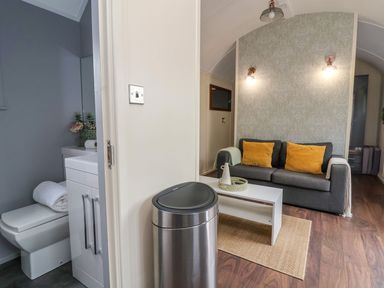 A living room with a gray sofa and yellow pillows beside a white coffee table and a bathroom with a toilet and a sink visible at The Retreat in Bangor-On-Dee