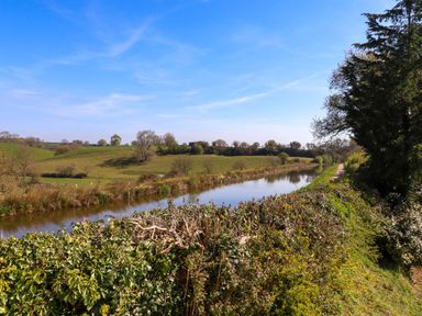 A river with a hedge in the foreground and trees and fields in the background at Valley House in Halberton near Tiverton