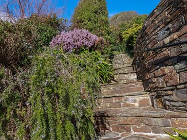 Stone steps with plants and flowers on the left and a stone wall with a handrail on the right at Suntrap House in Portloe