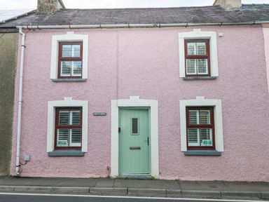 A pink stucco house with four windows and a green door on a street at Min-Y-Ffordd in Dinas Cross