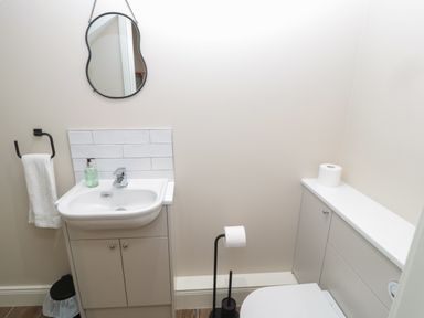 A bathroom with a sink cabinet mirror towel holder and toilet at Breamish Christon Bank near Embleton