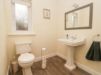 A bathroom with a toilet sink mirror towel and toilet paper at Whimhowe in Windermere