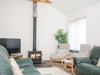 A living room with green leather sofas a wood burning stove and wooden chairs at The Dairy Barn in Camelford