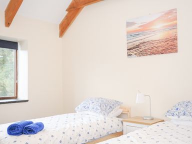 A bedroom with two single beds with patterned bedding a bedside table with lamp and a window at The Dairy Barn in Camelford