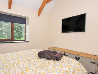 A bedroom with a bed, tv, and window at The Dairy Barn in Camelford