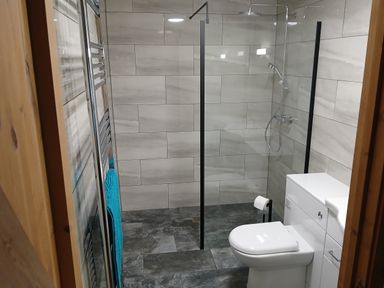 A bathroom with a shower, toilet, and sink at The Dairy Barn in Camelford