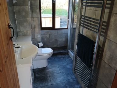 A bathroom with a sink, toilet, shower, and towel radiator at The Dairy Barn in Camelford