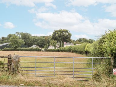 A gate leading to a field with trees and buildings at Aunty Junes Cottage Okehampton