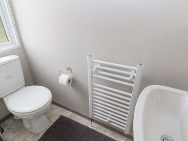 A bathroom with a toilet a wall-mounted toilet paper holder a heated towel rail and a sink at Caldey Retreat Hasguard Cross near Broad Haven