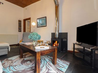 A living room with a wooden coffee table a vase with flowers a fireplace a chair and a television at Owl Cottage in Ashen Cross Pelynt