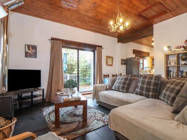 A living room with a sectional sofa plaid pillows coffee table tv sliding glass door and wooden ceiling at Owl Cottage in Ashen Cross Pelynt