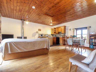 An open plan living area with a sofa a dining table wooden chairs kitchen cabinets and wooden ceiling at Court Cottage in Ashen Cross Pelynt