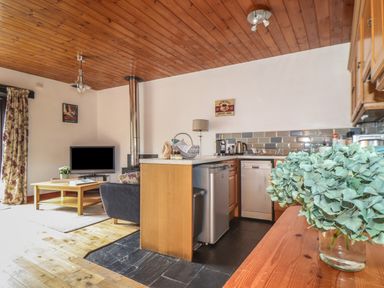 An open plan living room and kitchen with a television and coffee table at Court Cottage in Ashen Cross Pelynt