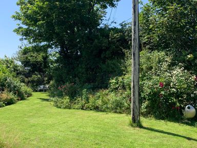A garden with a grassy lawn surrounded by bushes and trees and two chairs at Kernyk Carn Brea near Pool