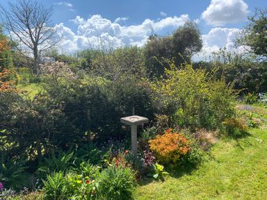 A garden with bushes and flowers and a birdbath in the center at Kernyk Carn Brea near Pool
