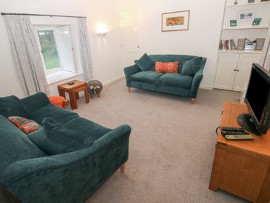 A living room with two teal sofas a television on a wooden stand and a window with curtains at Wood Cottage in Solva