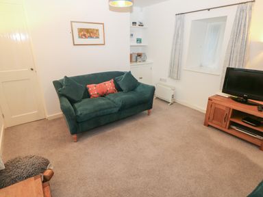 A living room with a green sofa a wooden TV stand with a television a small window with curtains and wall shelves at Wood Cottage in Solva