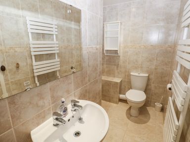 A bathroom with a white sink and dual faucets a toilet a wall-mounted shelf a towel radiator and a mirror at Wood Cottage in Solva