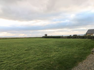 A grassy field with a wooden fence and a building near the coast at Wood Cottage in Solva