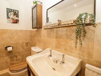 A bathroom with a sink and two taps a toilet with a wooden seat a wall-mounted cabinet a mirror and a plant at Pear Tree Cottage in Grange-Over-Sands