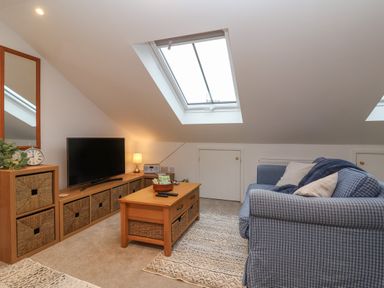 A living room with a blue checked sofa a wooden coffee table and a television under a skylight at The Halt in Maiden Newton