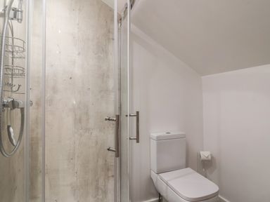 A bathroom with a shower enclosure and a toilet at The Halt in Maiden Newton
