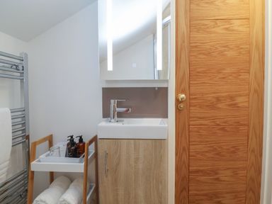 A bathroom with a wooden door a small sink with a mirror above it and a towel rack with towels at The Halt in Maiden Newton