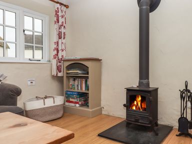 A wood-burning stove with fire beside a small bookshelf and a window with red patterned curtains at Cherryblossom Cottage in Winkleigh