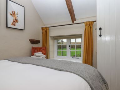 A bedroom with a bed a window with yellow curtains and a giraffe picture on the wall at Cherryblossom Cottage in Winkleigh