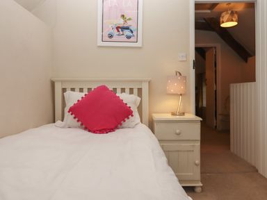 A single bed with white bedding and a pink cushion next to a nightstand with a lamp in a bedroom at Cherryblossom Cottage in Winkleigh