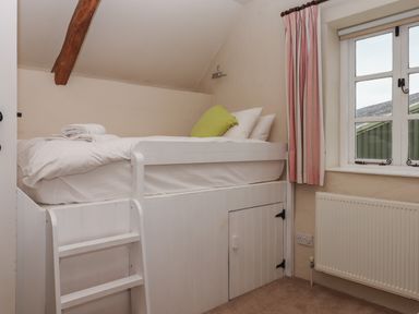 A bedroom with a raised bed and ladder next to a window with pink curtains at Cherryblossom Cottage in Winkleigh