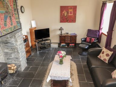 A living room with a black sofa and chair a wooden coffee table with flowers a television and a stone fireplace at Ty Llugwy in Capel Curig near Betws-Y-Coed