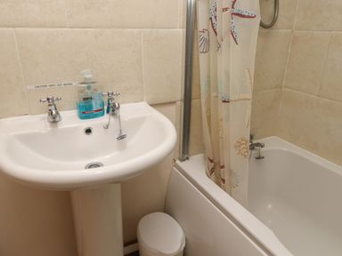 A bathroom with a sink soap dispenser a trash bin and a bathtub with a shower curtain at Ty Llugwy in Capel Curig near Betws-Y-Coed