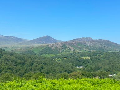A view of mountains and trees at Ty Llugwy in Capel Curig near Betws-Y-Coed
