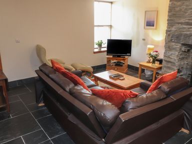 A living room with a leather sofa and red cushions a wooden coffee table a television on a wooden stand an armchair and a stone fireplace at Ty Llewelyn in Capel Curig near Betws-Y-Coed