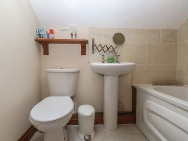 A bathroom with a toilet pedestal sink bathtub and a wooden shelf at Ty Llewelyn in Capel Curig near Betws-Y-Coed