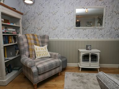 A living room corner with a plaid armchair a bookshelf a small stove and a wall mirror at 1 Boarbank Farm in Allithwaite near Cartmel