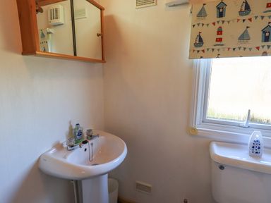 A bathroom with a pedestal sink a mirror cabinet a window with a patterned blind and a toilet at Kellet Lodge Lakeside 26 Dock Acres near Carnforth