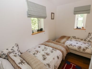 A bedroom with two beds and windows at Delfryn Llandeilo near Llandeilo