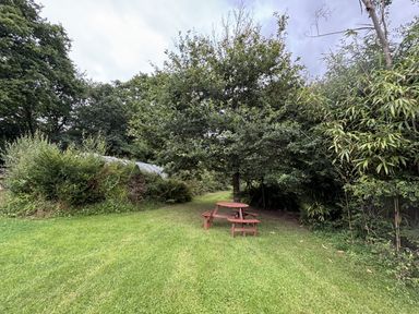 A garden with a picnic table and trees at Delfryn Llandeilo near Llandeilo