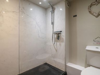 A bathroom with a walk-in shower and a toilet at Bridge Barn in Sidestrand near Overstrand