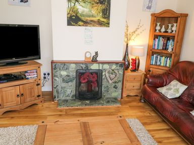 A living room with a wooden TV stand a fireplace with flowers a wooden bookshelf and a brown leather sofa at Lakeview Lodge in Knockmore County Mayo