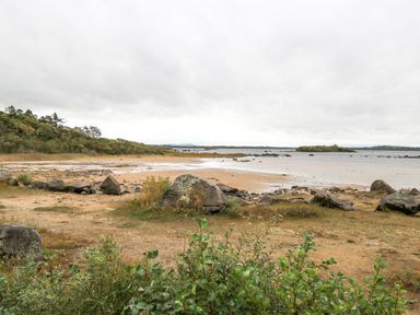 A sandy shore with rocks and vegetation by a body of water at Lakeview Lodge in Knockmore County Mayo