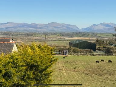 A view of fields with sheep and mountains at 15 Llys Tegeirian Llangristiolus near Llangefni